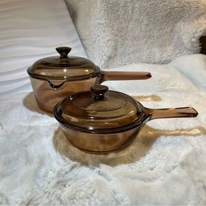 Vision by Corning Amber Glass U.S.A. 0.5 L & 1 L Sauce Pan Pot USA w Pyrex Lids